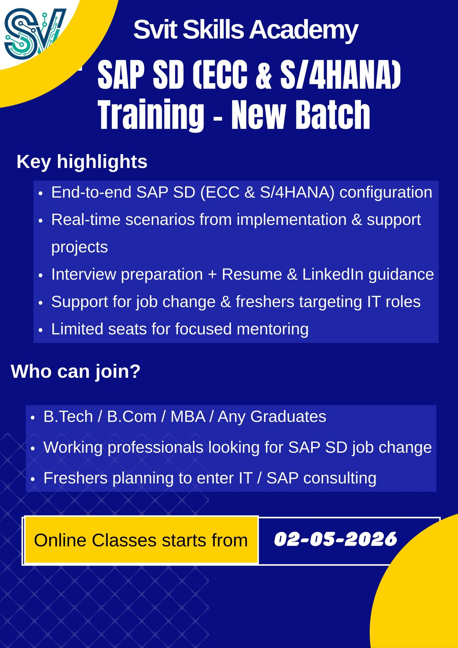 SAP SD ECC and S4HANA Training Poster by SVIT Skills Academy